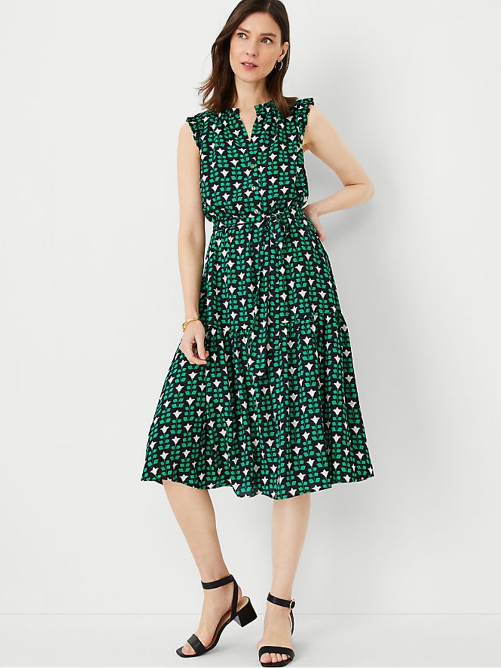 Ann Taylor Black and Green Floral-Print Midi Skirt